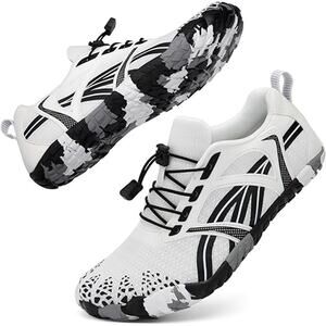 Athmile Womens 9.5 White Black Barefoot Elastic Lace Up Wide Toe Box Water Shoes
